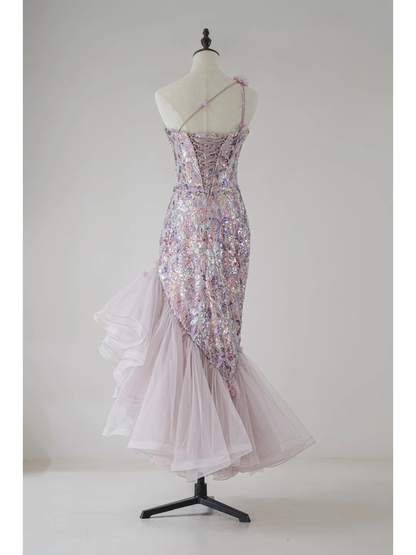 Modest Mermaid One Shoulder Sequin Lilac Prom Dresses Long Party Dress 18th Birthday Outfit Teenagers Graduation Dress RB1119