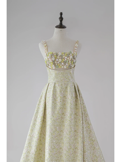 Cute Ball Gown Square Neck Yellow Sequin Flowers Prom Dresses Long Party Dress Birthday Outfit Teenagers Graduation Dress RB1121