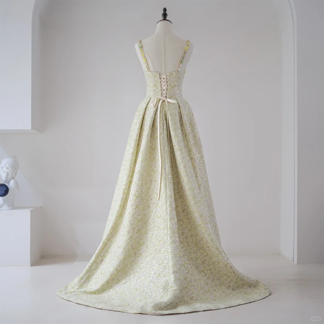 Cute Ball Gown Square Neck Yellow Sequin Flowers Prom Dresses Long Party Dress Birthday Outfit Teenagers Graduation Dress RB1121