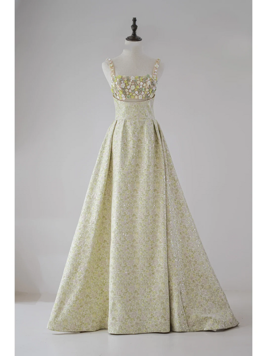 Cute Ball Gown Square Neck Yellow Sequin Flowers Prom Dresses Long Party Dress Birthday Outfit Teenagers Graduation Dress RB1121