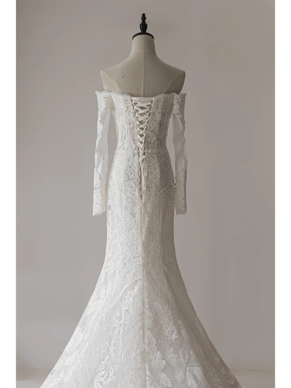 Modest Mermaid Off The Shoulder Long Sleeves Fitted Lace Corset Wedding Dress Long Bridal Gown Wedding Gowns RB1123