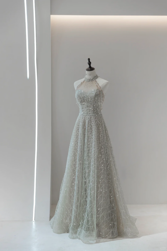 Cute A Line Gray High Neck Sequin Prom Dresses Long Party Dress Birthday Outfit Teenagers Graduation Dress RB1124
