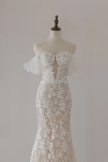Modest Mermaid Off The Shoulder Short Sleeves Fitted Lace Corset Wedding Dress Long Bridal Gown Wedding Gowns RB1125