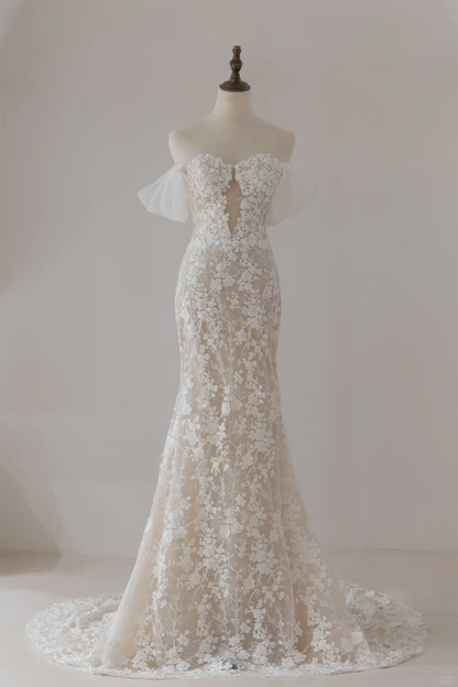 Modest Mermaid Off The Shoulder Short Sleeves Fitted Lace Corset Wedding Dress Long Bridal Gown Wedding Gowns RB1125