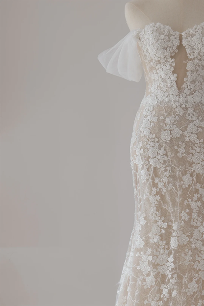 Modest Mermaid Off The Shoulder Short Sleeves Fitted Lace Corset Wedding Dress Long Bridal Gown Wedding Gowns RB1125