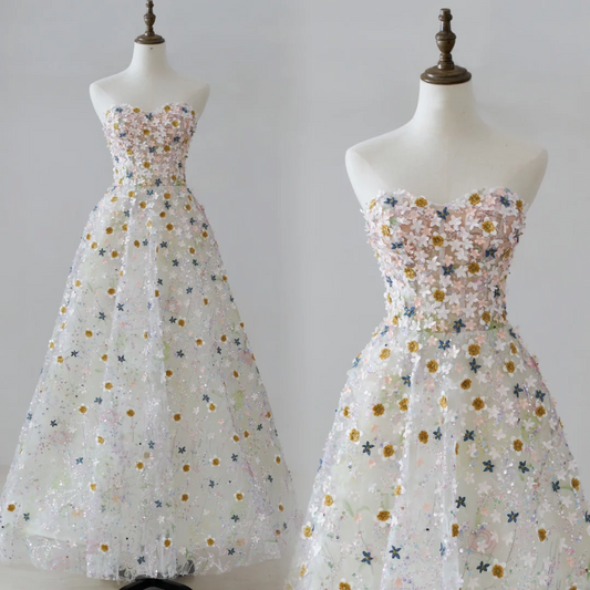Unique Ball Gown Sweetheart White Sequin Flowers Long Prom Dresses Inspiration Party Dress 21st Birthday Outfit Graduation Dress RB1133