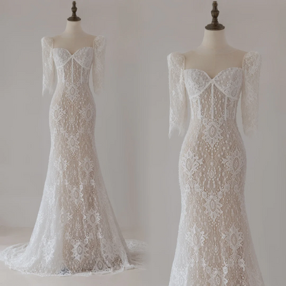 Modest Mermaid Sweetheart 3/4 Sleeves Fitted Lace Corset Wedding Dress Long Bridal Gown Wedding Gowns RB1131