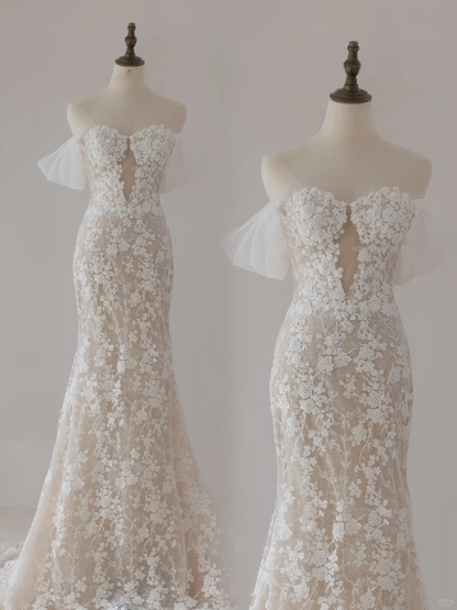 Modest Mermaid Off The Shoulder Short Sleeves Fitted Lace Corset Wedding Dress Long Bridal Gown Wedding Gowns RB1125