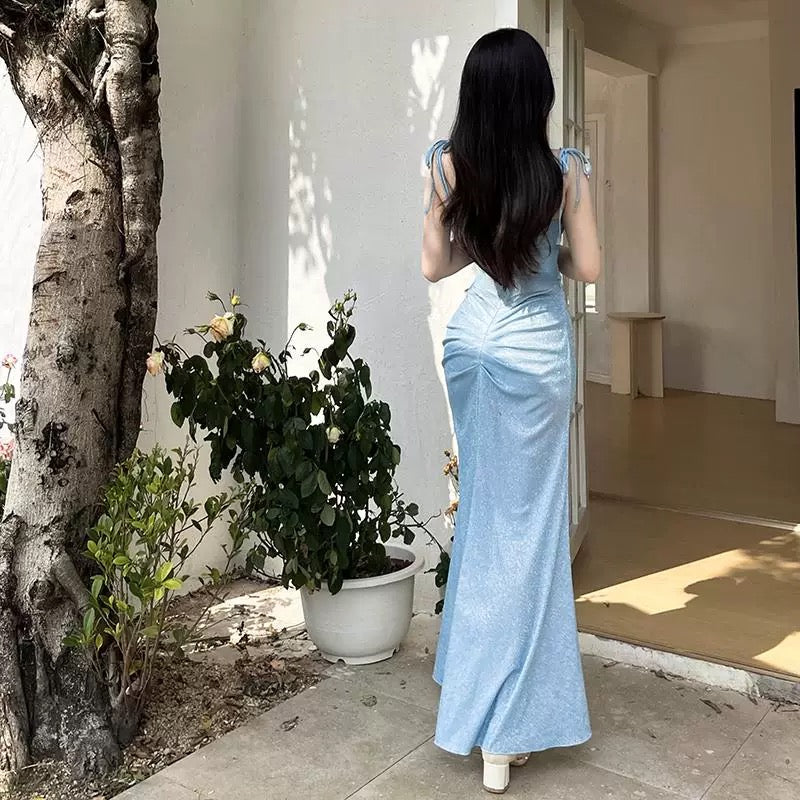 Modest Trendy Mermaid Spaghetti Straps Light Blue Sequin Prom Dresses Long Birthday Outfit Senior High School Dance Party Dress RB1138