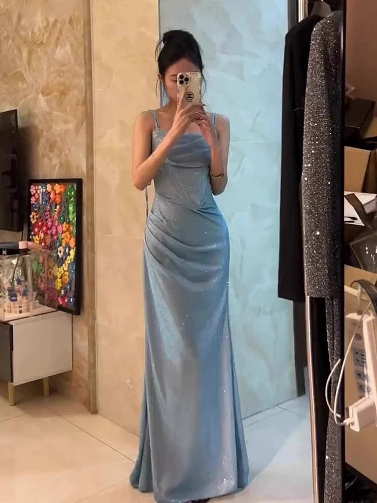 Modest Trendy Mermaid Spaghetti Straps Light Blue Sequin Prom Dresses Long Birthday Outfit Senior High School Dance Party Dress RB1138