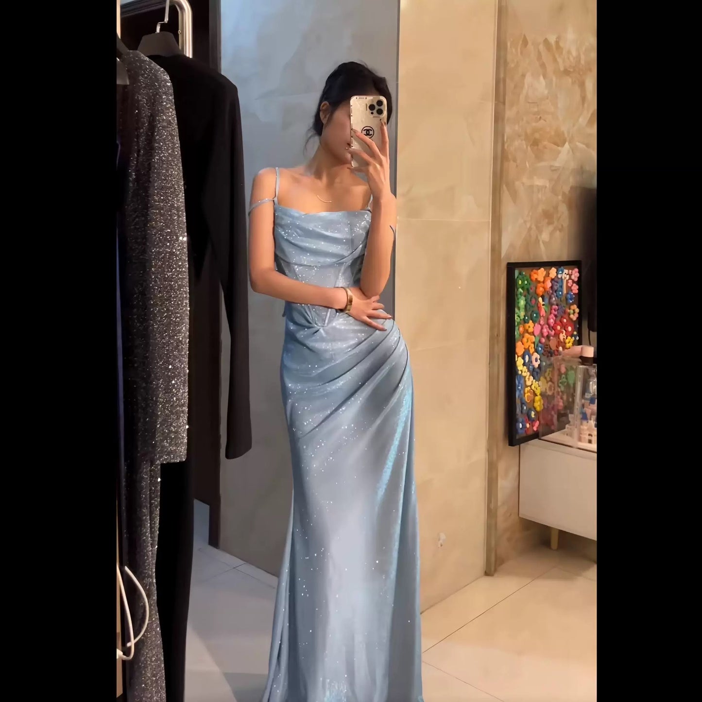 Modest Trendy Mermaid Spaghetti Straps Light Blue Sequin Prom Dresses Long Birthday Outfit Senior High School Dance Party Dress RB1138