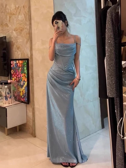 Modest Trendy Mermaid Spaghetti Straps Light Blue Sequin Prom Dresses Long Birthday Outfit Senior High School Dance Party Dress RB1138