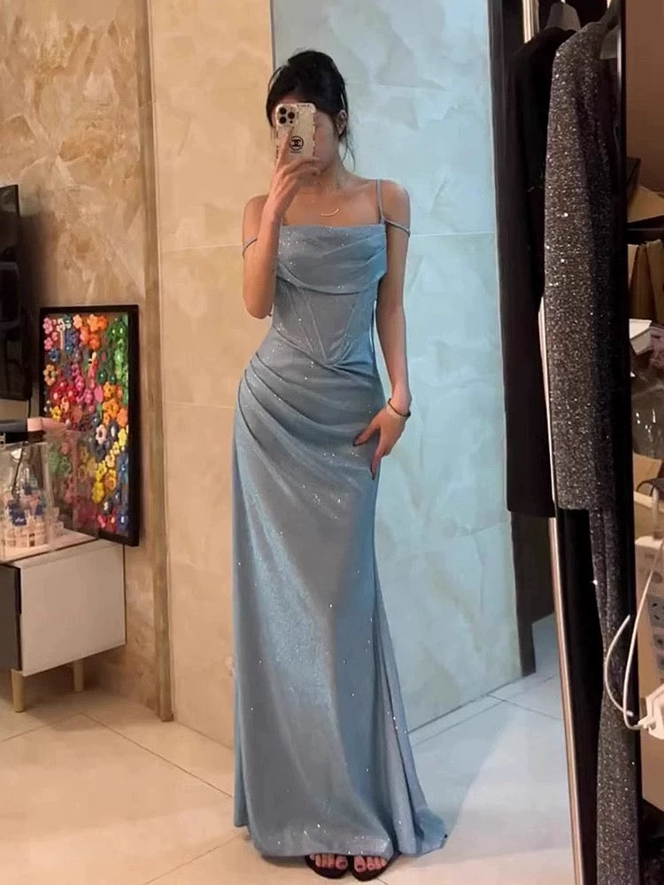 Modest Trendy Mermaid Spaghetti Straps Light Blue Sequin Prom Dresses Long Birthday Outfit Senior High School Dance Party Dress RB1138