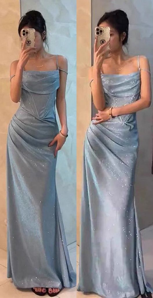 Modest Trendy Mermaid Spaghetti Straps Light Blue Sequin Prom Dresses Long Birthday Outfit Senior High School Dance Party Dress RB1138