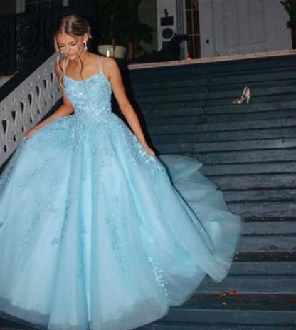 Modest Ball Gown Spaghetti Straps Blue Tulle Lace Prom Dresses Long Party Dress Birthday Outfit Teenagers Graduation Dress RB1146