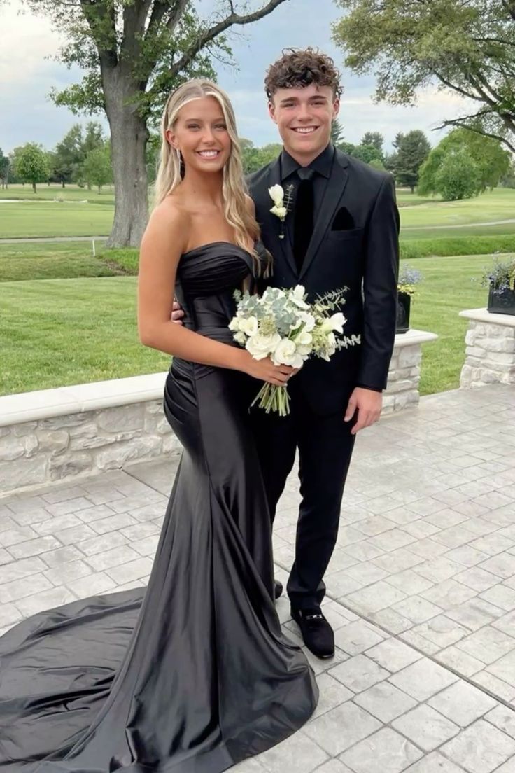 Modest Trendy Mermaid Sweetheart Black Satin Prom Dresses Long Birthday Outfit Senior High School Dance Party Dress RB1154