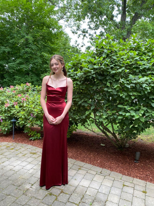Modest Sheath Spaghetti Straps Satin Red Prom Dresses Long Party Dress Birthday Outfit Teenagers Graduation Dress RB1158