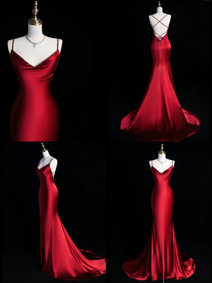 Modest Trendy Mermaid Spaghetti Straps Burgundy Satin Backless Prom Dresses Style Long Senior High School Dance Party Dress RB1163
