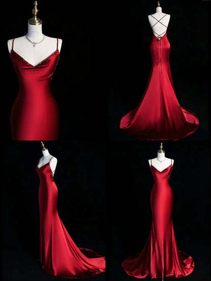 Modest Trendy Mermaid Spaghetti Straps Burgundy Satin Backless Prom Dresses Style Long Senior High School Dance Party Dress RB1163