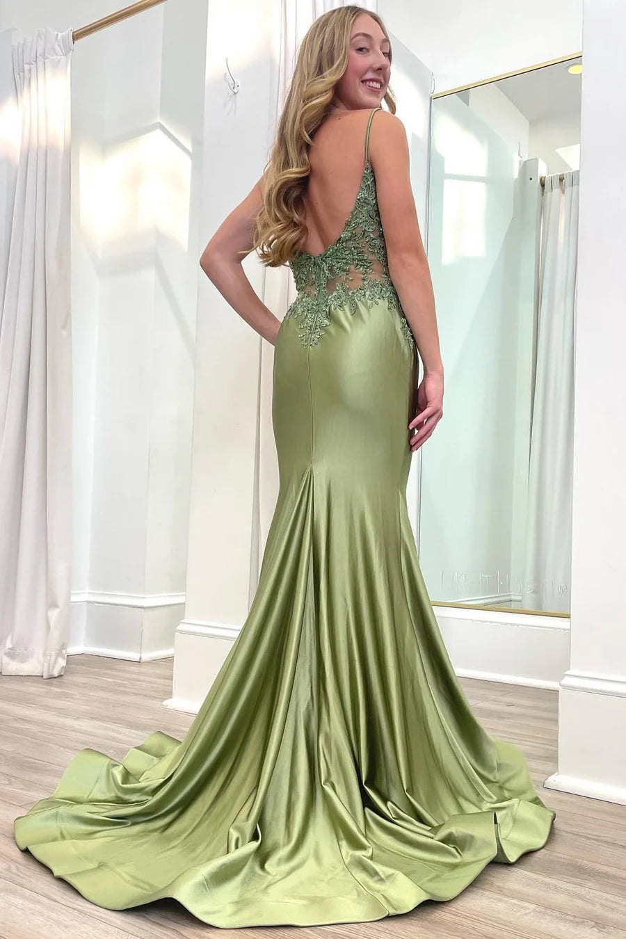 Modest Trendy Mermaid Spaghetti Straps Olive Green Satin Prom Dresses Style Long Senior High School Dance Party Dress RB1164