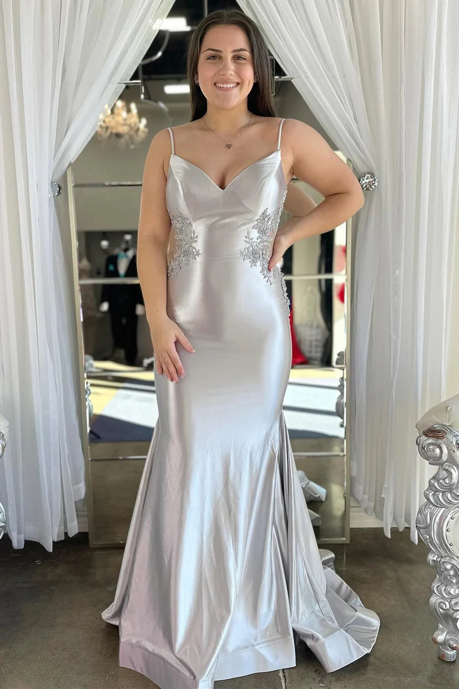 Modest Trendy Mermaid Spaghetti Straps Olive Green Satin Prom Dresses Style Long Senior High School Dance Party Dress RB1164