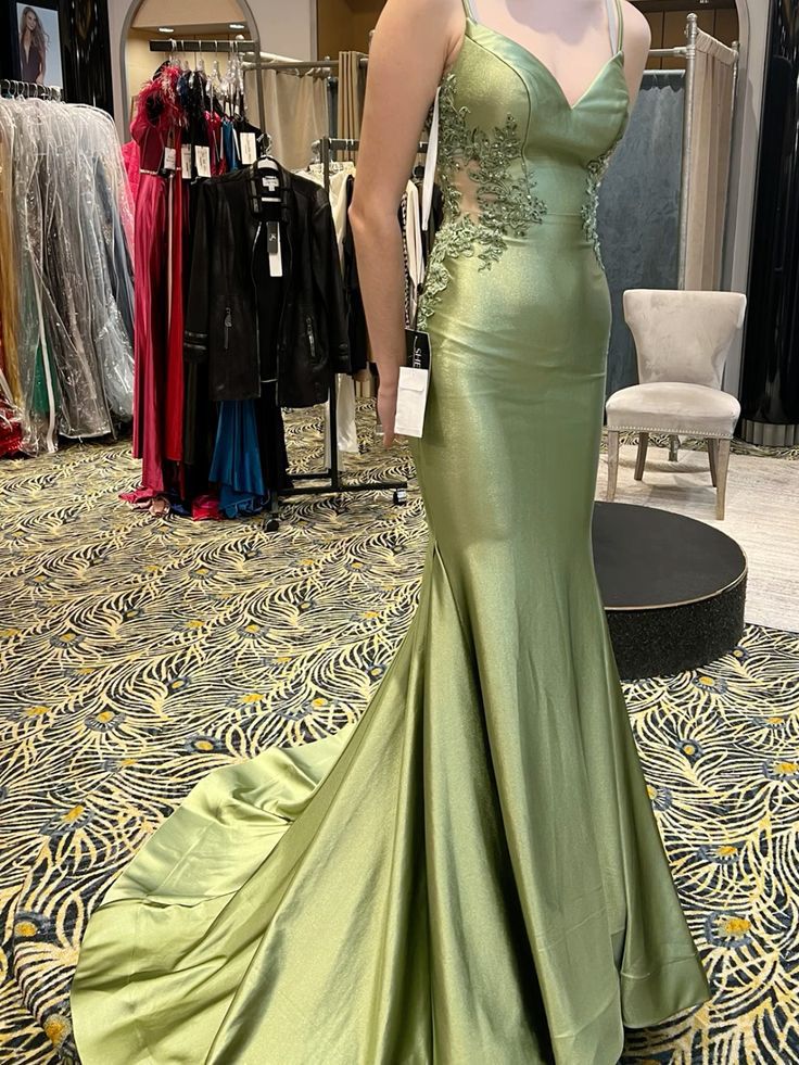 Modest Trendy Mermaid Spaghetti Straps Olive Green Satin Prom Dresses Style Long Senior High School Dance Party Dress RB1164
