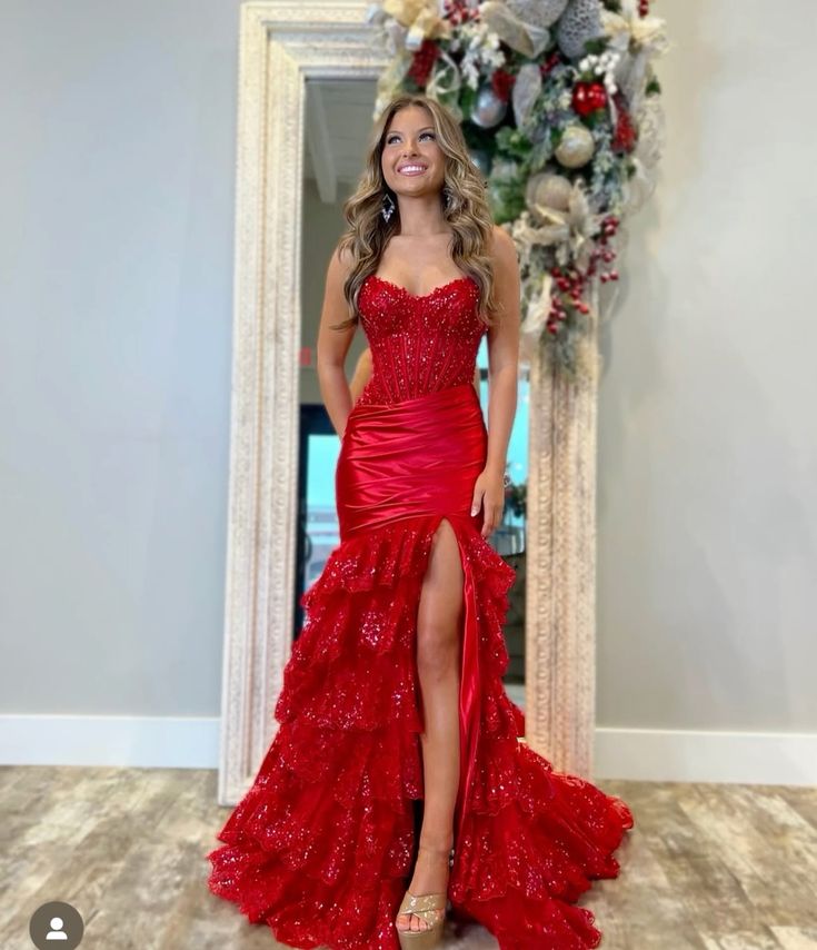 Modest Mermaid Sweetheart Red Slit Lace Prom Dresses Inspiration Prom Dress Graduation Dress RB1165