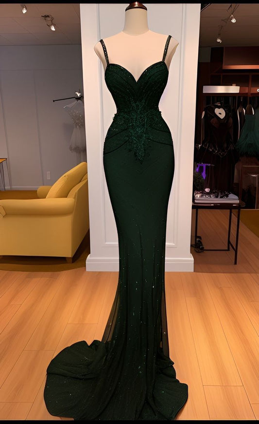 Modest Mermaid Spaghetti Straps Sequins Dark Green Prom Dresses Inspiration Prom Dress Graduation Dress RB1167