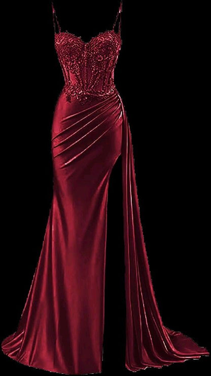 Modest Mermaid Spaghetti Straps Burgundy Slit Lace Prom Dresses Long Party Dress Birthday Outfit Teenagers Graduation Dress RB1168