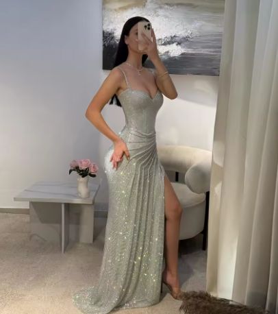 Modest Mermaid Spaghetti Straps Sequins Silver Prom Dresses Inspiration Prom Dress Graduation Dress RB1169
