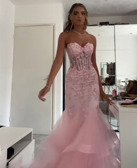 Modest Trendy Mermaid Sweetheart Pink Lace Tulle Prom Dresses Long Birthday Outfit Senior High School Dance Party Dress RB1170