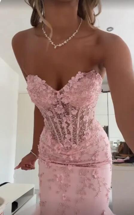 Modest Trendy Mermaid Sweetheart Pink Lace Tulle Prom Dresses Long Birthday Outfit Senior High School Dance Party Dress RB1170