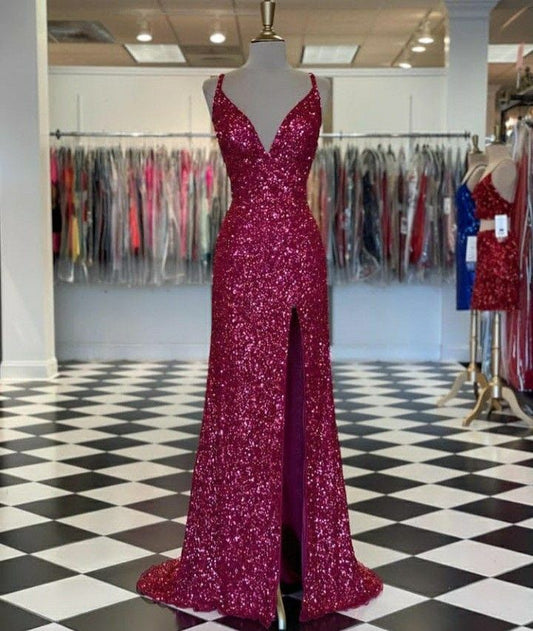 Modest Trendy Mermaid Spaghetti Straps Fuchsia Sequin Prom Dresses Style Long Senior High School Dance Party Dress RB1170