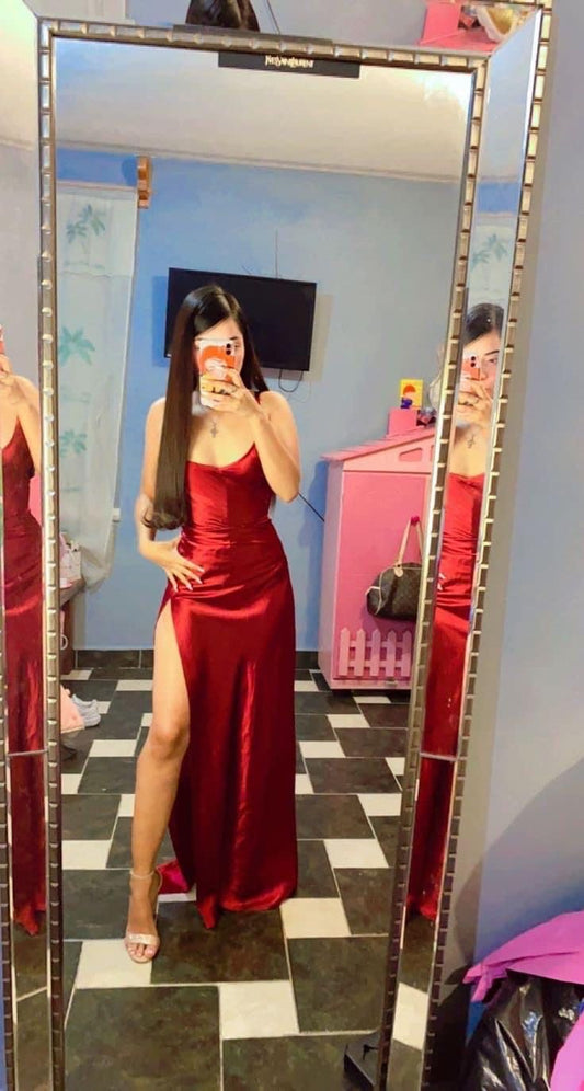 Modest Mermaid Spaghetti Straps Red Slit Plain Prom Dresses Long Party Dress Birthday Outfit Teenagers Graduation Dress RB1181