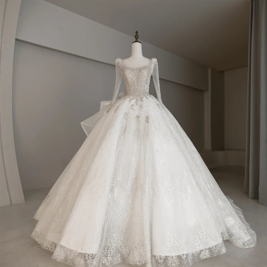 Modest Ball Gown Square Neck Long Sleeves Fitted Sequin Corset Wedding Dress Beaded Long Bridal Gown Wedding Gowns RB1187