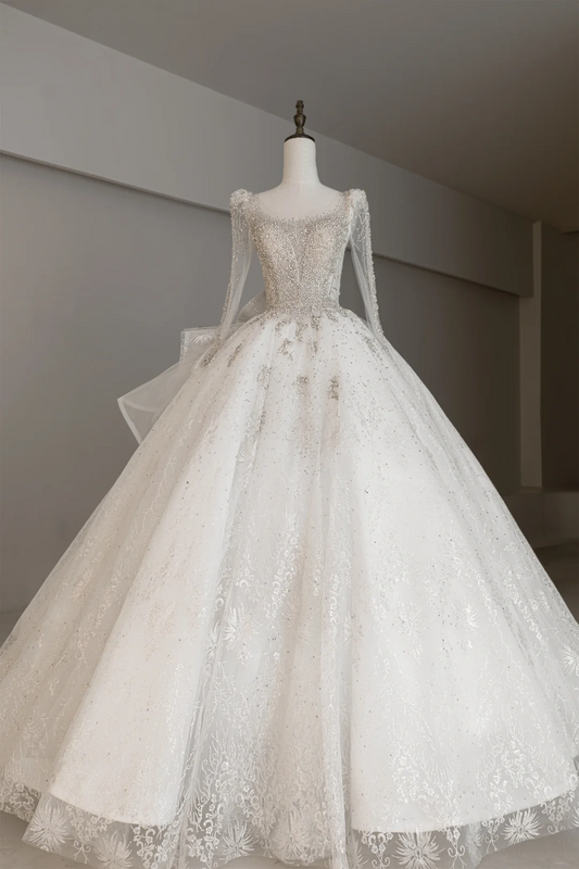 Modest Ball Gown Square Neck Long Sleeves Fitted Sequin Corset Wedding Dress Beaded Long Bridal Gown Wedding Gowns RB1187