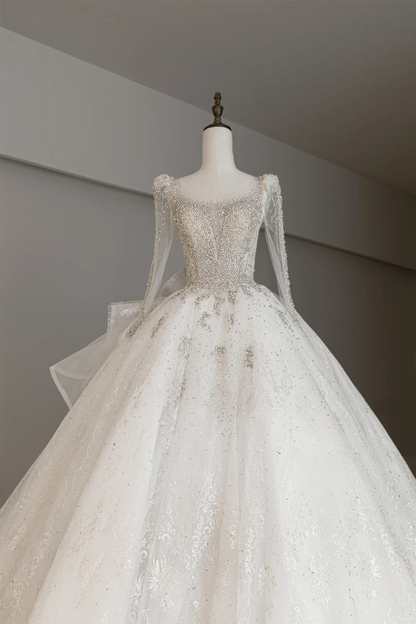Modest Ball Gown Square Neck Long Sleeves Fitted Sequin Corset Wedding Dress Beaded Long Bridal Gown Wedding Gowns RB1187