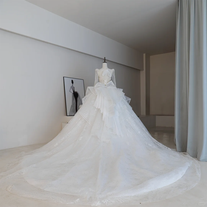Modest Ball Gown Square Neck Long Sleeves Fitted Sequin Corset Wedding Dress Beaded Long Bridal Gown Wedding Gowns RB1187
