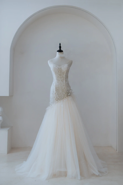 Elegant Modest Mermaid Sweetheart Lace Pleated Wedding Dress Styles Long Bridal Gown Wedding Gowns RB1188