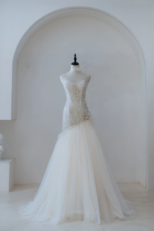 Elegant Modest Mermaid Sweetheart Lace Pleated Wedding Dress Styles Long Bridal Gown Wedding Gowns RB1188
