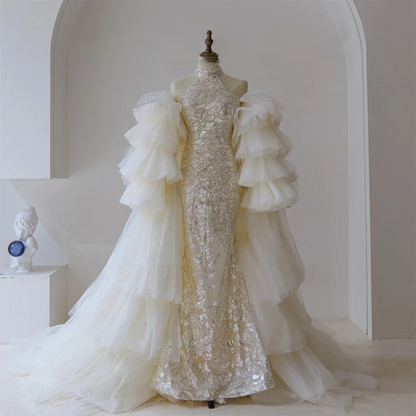 Modest Mermaid High Neck Sequin Lace Fitted Corset Wedding Dress Long Bridal Gown Wedding Gowns RB1189