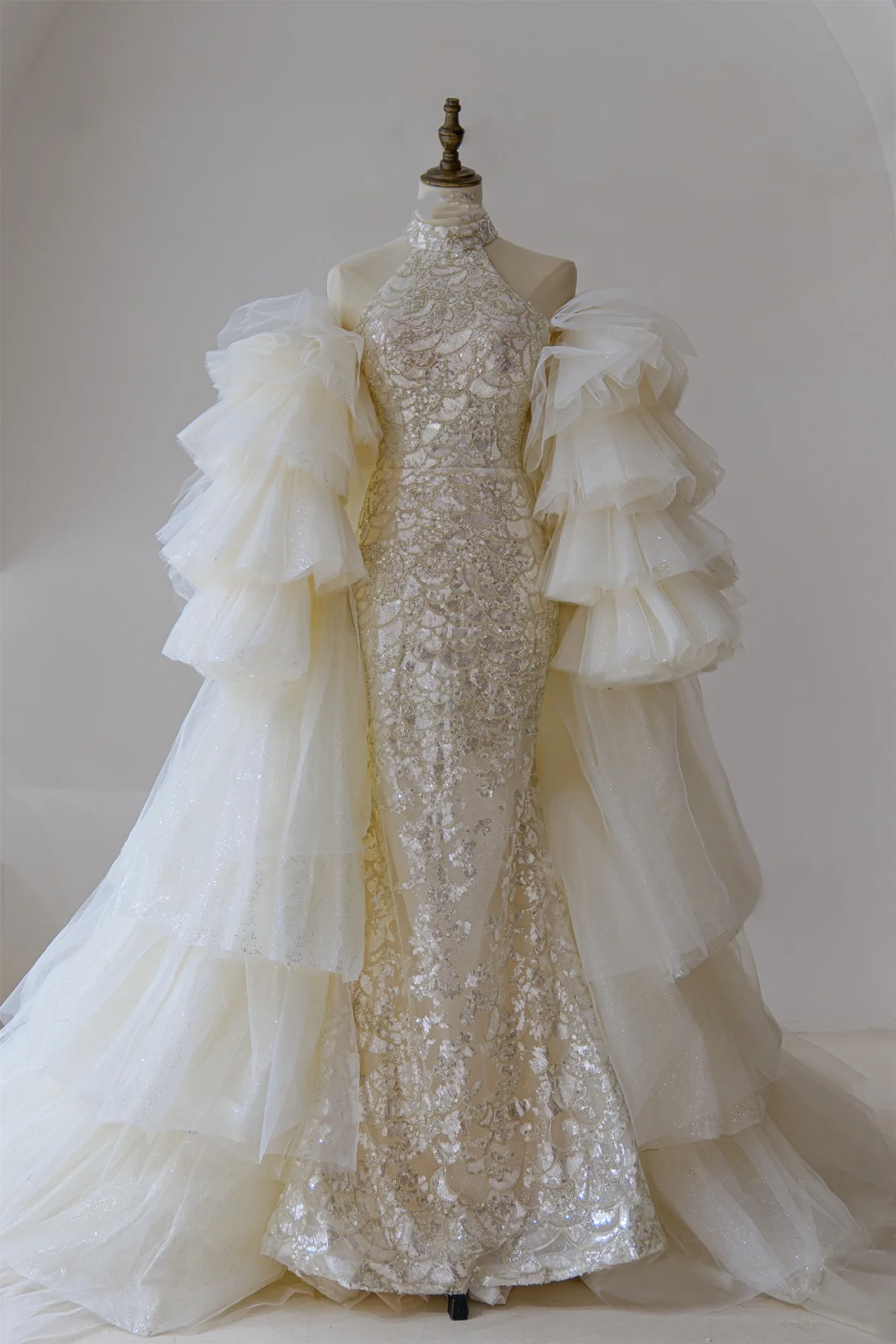 Modest Mermaid High Neck Sequin Lace Fitted Corset Wedding Dress Long Bridal Gown Wedding Gowns RB1189