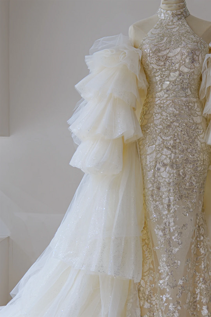 Modest Mermaid High Neck Sequin Lace Fitted Corset Wedding Dress Long Bridal Gown Wedding Gowns RB1189