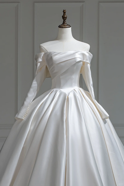 Modest Ball Gown Off The Shoulder White Long Sleeves Fitted Satin Corset Wedding Dress Long Bridal Gown Wedding Gowns RB1190