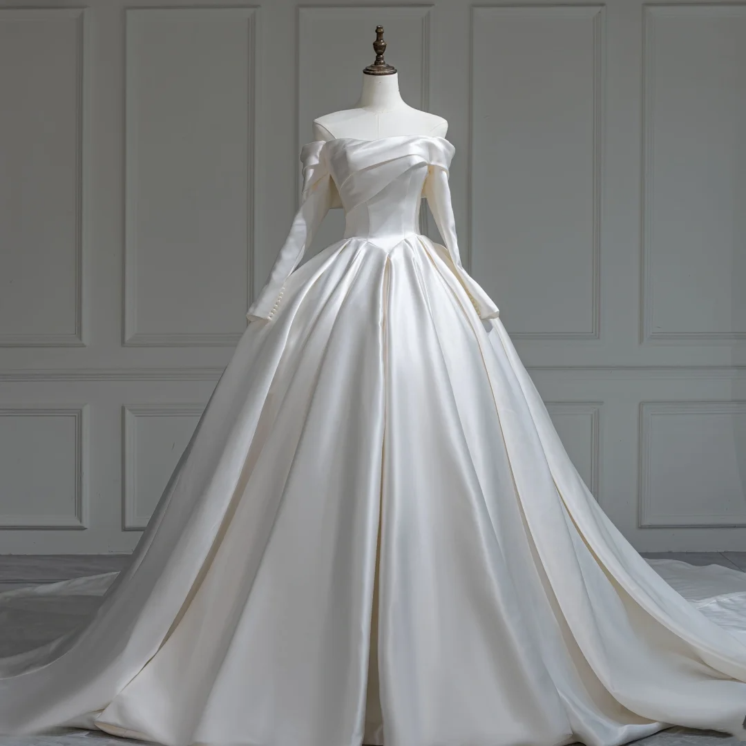 Modest Ball Gown Off The Shoulder White Long Sleeves Fitted Satin Corset Wedding Dress Long Bridal Gown Wedding Gowns RB1190