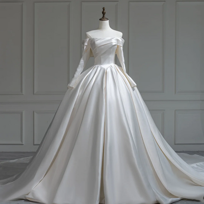 Modest Ball Gown Off The Shoulder White Long Sleeves Fitted Satin Corset Wedding Dress Long Bridal Gown Wedding Gowns RB1190