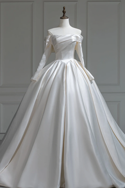 Modest Ball Gown Off The Shoulder White Long Sleeves Fitted Satin Corset Wedding Dress Long Bridal Gown Wedding Gowns RB1190