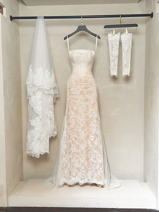 Modest Mermaid Strapless White Lace Fitted Corset Wedding Dress Long Bridal Gown Wedding Gowns RB1193