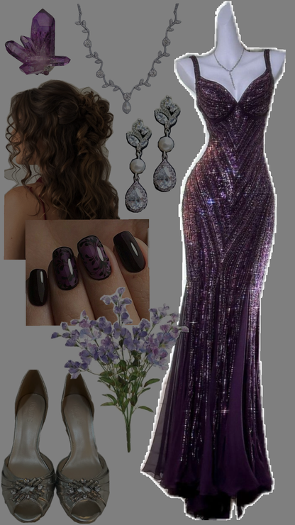 Sexy Mermaid Spaghetti Straps Grape Sequins Slit Long Prom Dresses Inspiration Party Dress 21st Birthday Outfit Graduation Dress RB1196