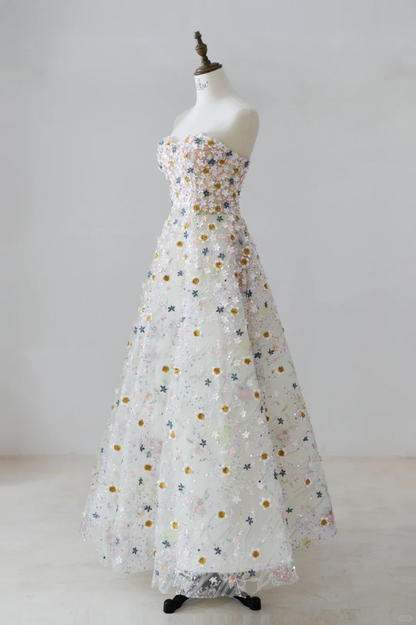 Unique Ball Gown Sweetheart White Sequin Flowers Long Prom Dresses Inspiration Party Dress 21st Birthday Outfit Graduation Dress RB1133